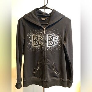 BCBGMAXAZRIA Crystal Silver Beads & Studs Embellished Black Hoodie Zip Front Y2K